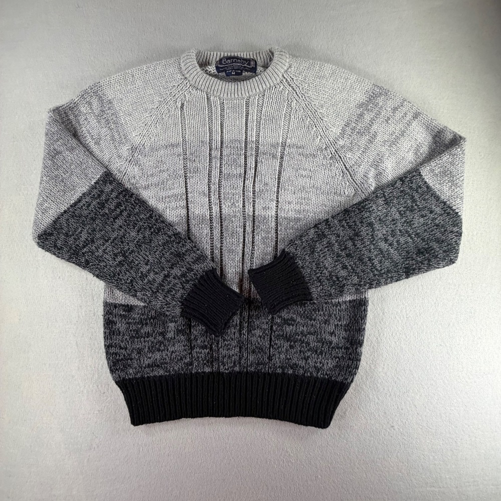 Vintage Gray Black Colorblock Cable Knit Crewneck Fisherman Sweater Size M‎ 90s